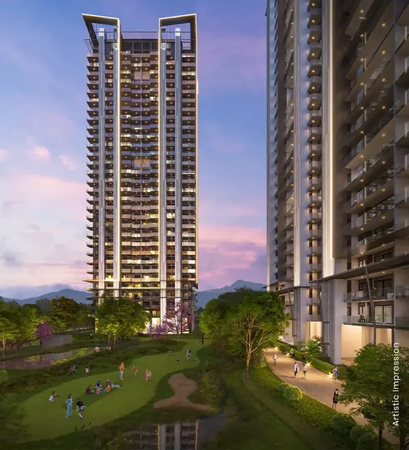 M3M Golf Hills — tower at dusk (portrait)