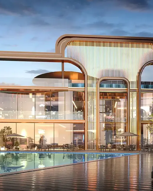 M3M Mansion — clubhouse and pool at dusk
