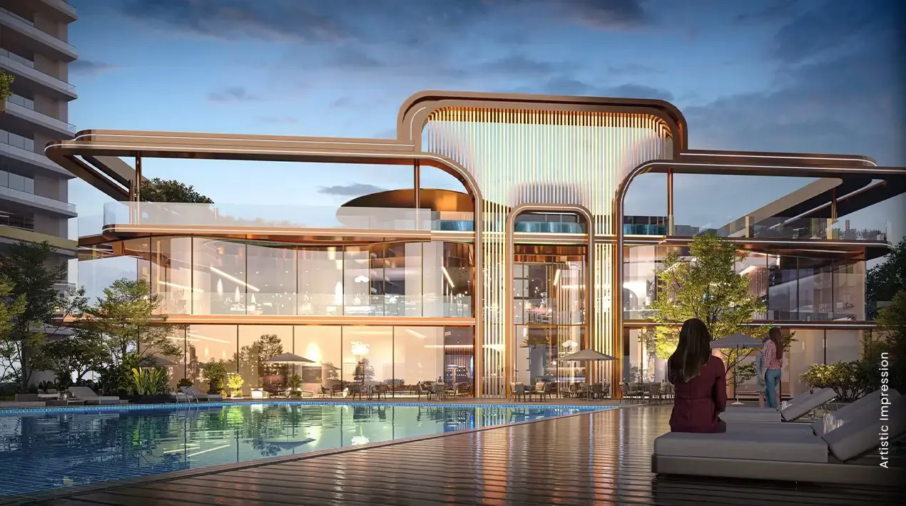 M3M Mansion — clubhouse and pool at dusk