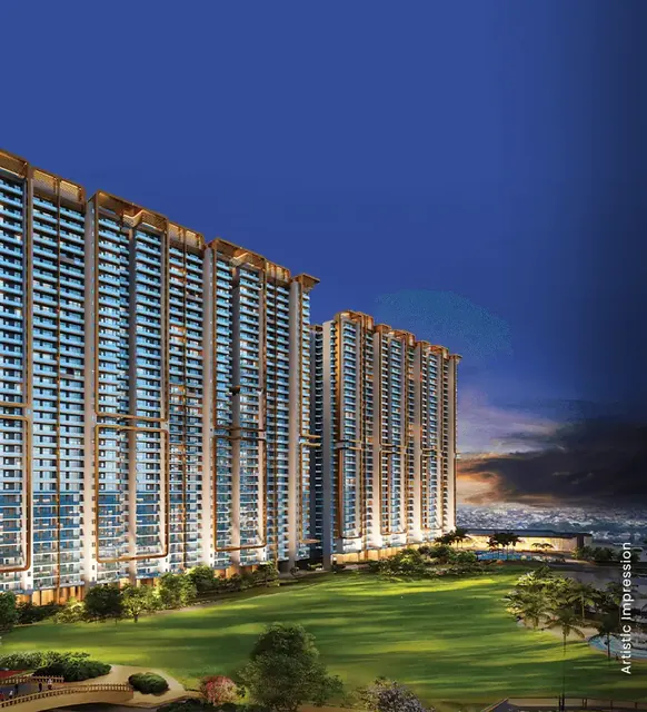 M3M Mansion — towers at night over golf greens (portrait)