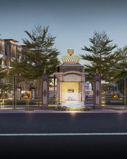 M3M Soulitude — entrance gate and low-rise floors at dusk
