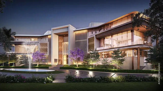 M3M Soulitude — clubhouse exterior at dusk