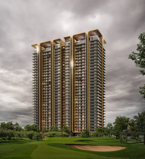 M3M St Andrews — Tower exterior over golf landscape, day render