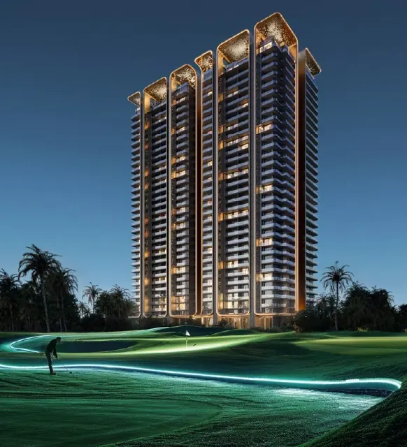 M3M St Andrews — Tower exterior at dusk with golf green, render