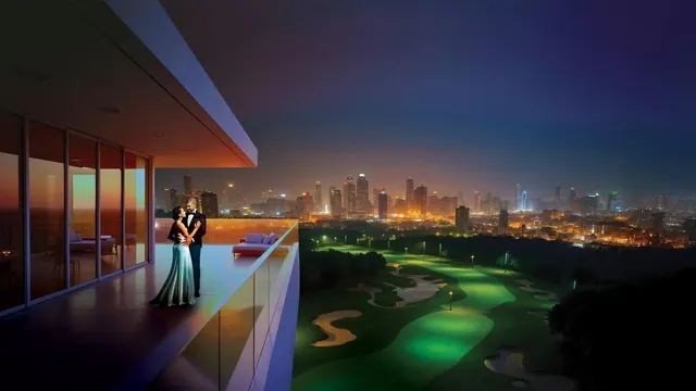 M3M St Andrews — Balcony view over golf course and city skyline at night, render