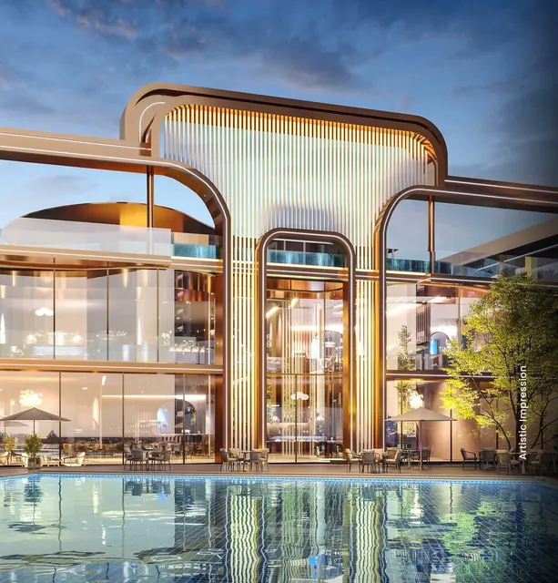 M3M St Andrews — Clubhouse facade with pool, render