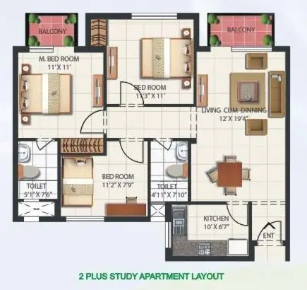 Mahindra Aura 2 BHK + Study floor plan