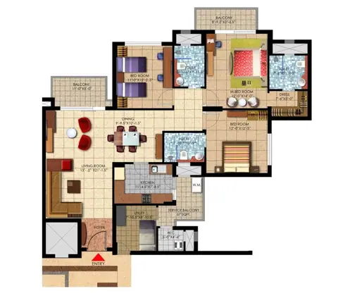 Mahindra Aura 3 BHK + SQ floor plan