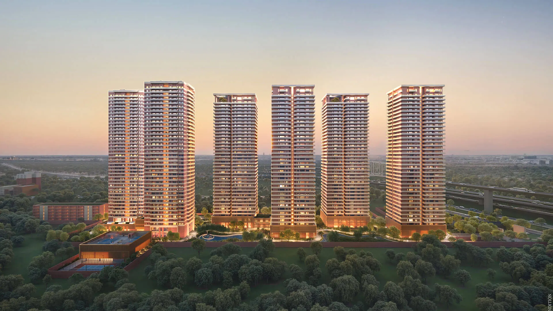 Max Estates 360 — six towers elevation at dusk (render)