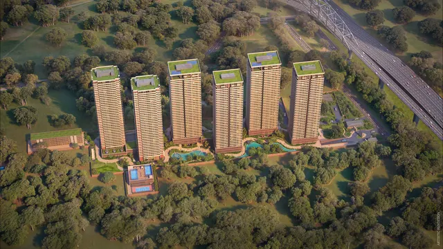 Max Estates 360 — aerial view of towers and greens (render)