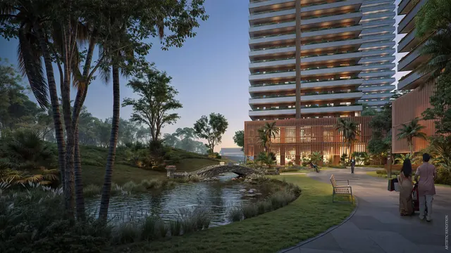 Max Estates 360 — landscaped pond walk (render)
