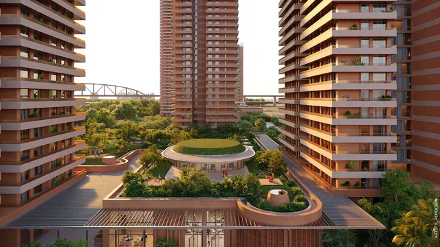 Max Estates 361 — Elevated view of the central podium garden between towers