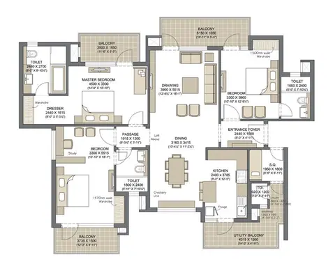 Microtek Greenburg Gurgaon 3 BHK 6 Servant floor plan