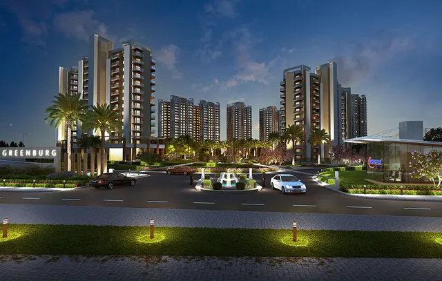 Microtek Greenburg Gurgaon — entrance and clubhouse at dusk (render)