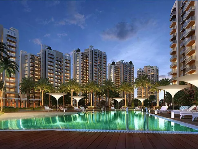 Microtek Greenburg Gurgaon — pool deck at dusk (render)