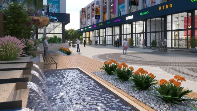 Microtek Success Hub — landscaped plaza with water feature (render)