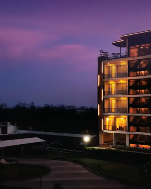 MRG Crown — sample tower exterior at dusk (shot on location)