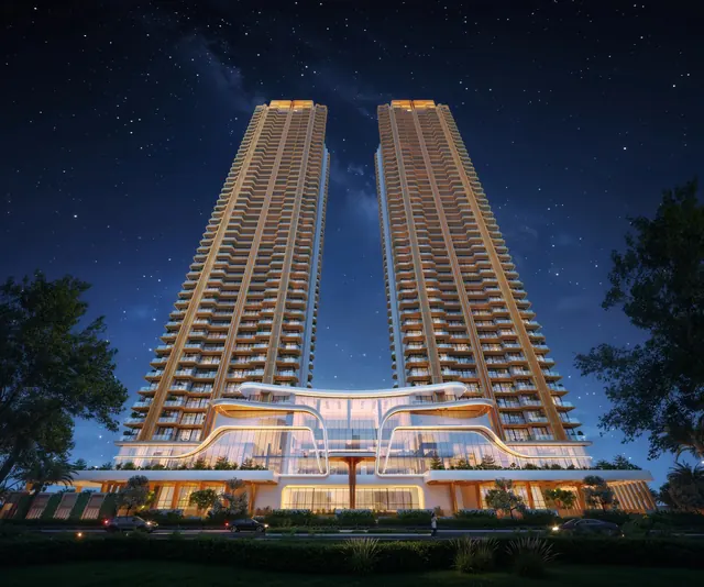 The Oryza — Twin 45-storey towers at dusk (artistic impression)