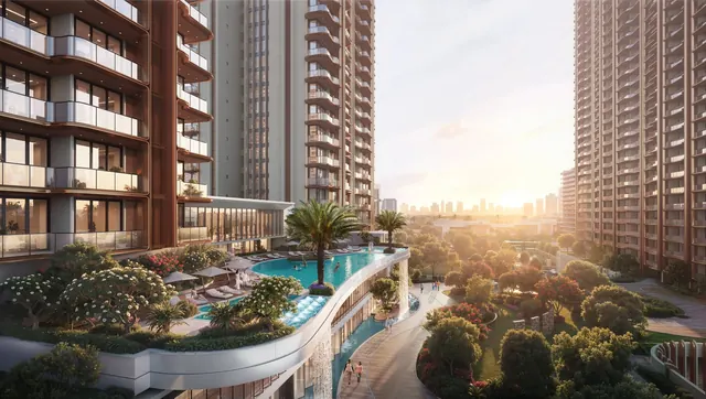The Oryza — Towers and podium pool deck at sunset (artistic impression)