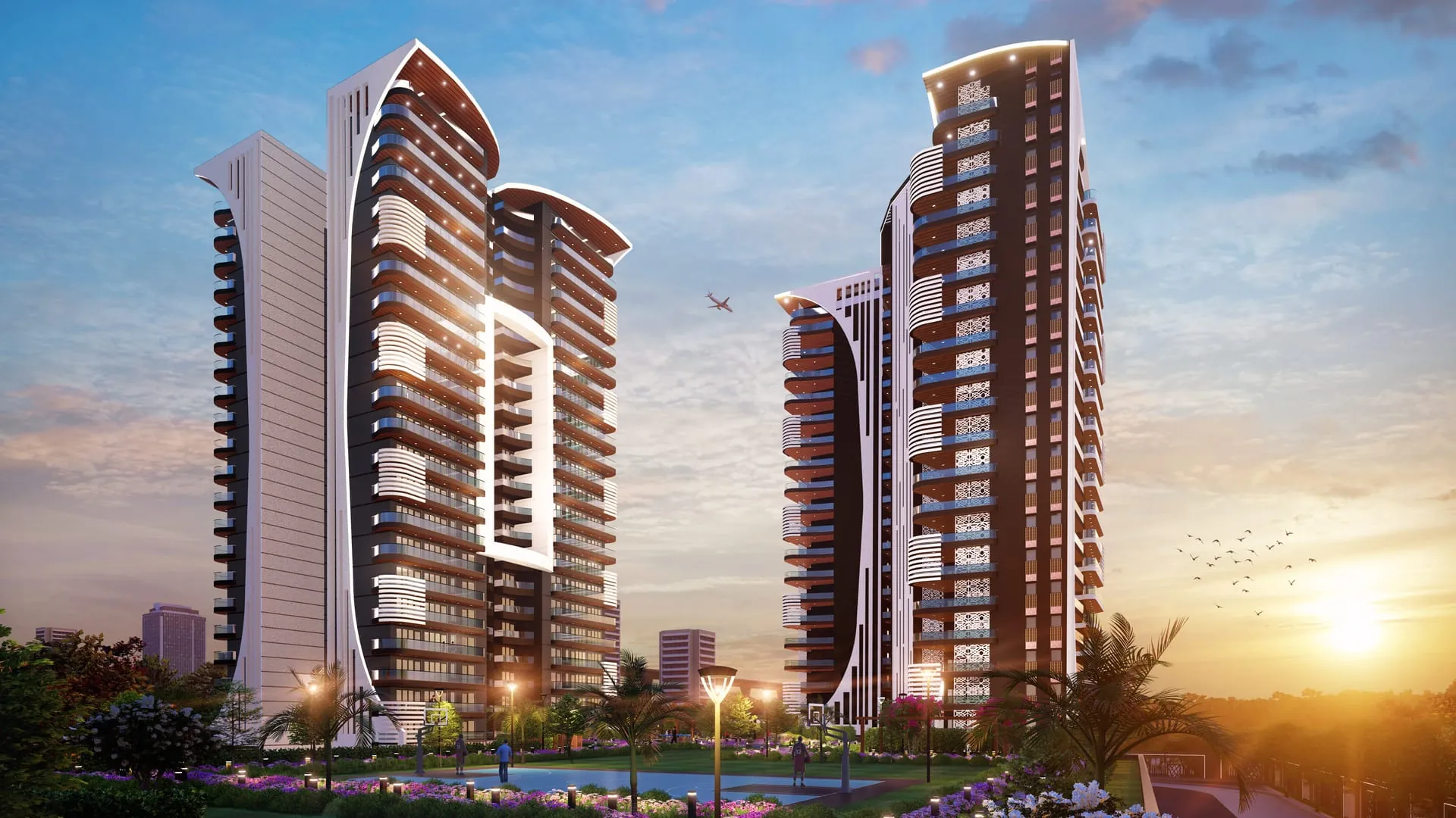 Oxirich Chintamani — twin towers at sunset (render)