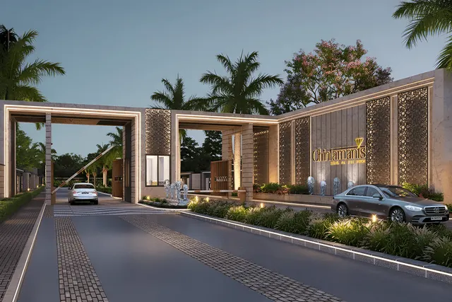 Oxirich Chintamani — entrance gate at dusk (render)