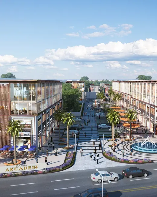 Paras Arcade 114 — street-front elevation with plaza (render)