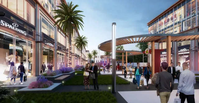Paras Arcade 114 — retail plaza with shoppers (render)