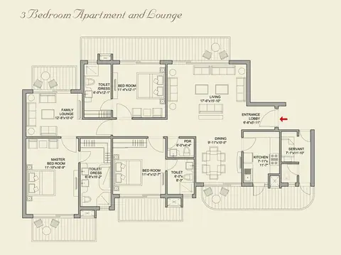 Parkview Grandspa 3BHK + Family Lounge + Servant floor plan