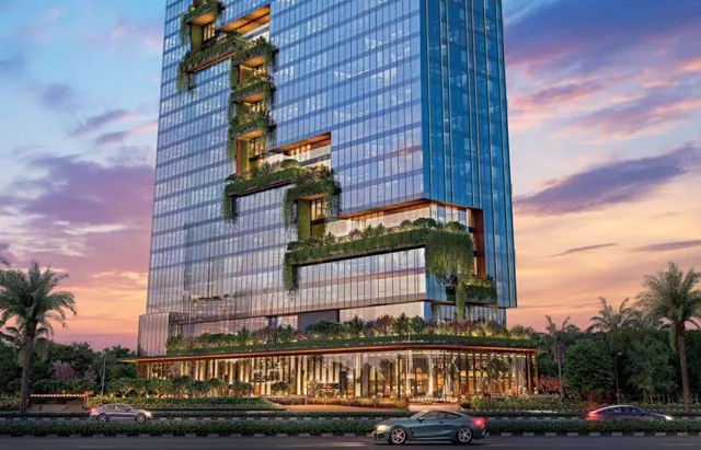 Tower with landscaped sky terraces at dusk