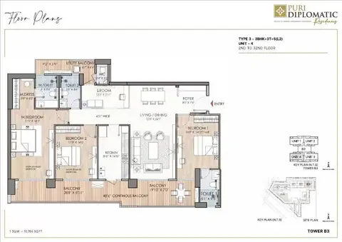 Puri Diplomatic Residences 3 BHK + Study + Utility floor plan