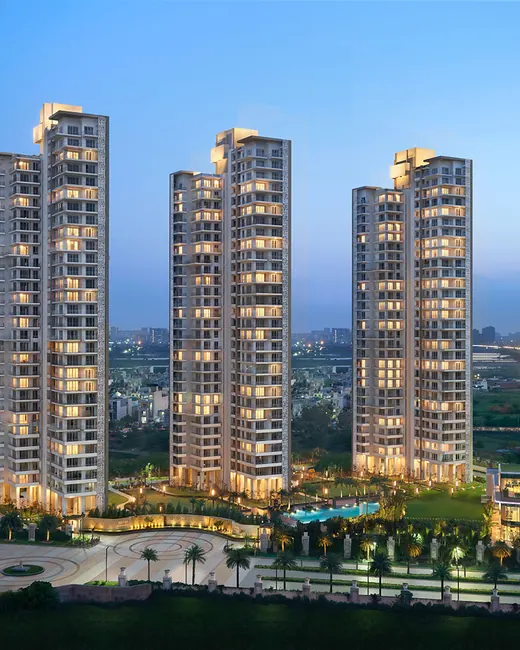 Puri Emerald Bay — three towers at dusk (real photo)