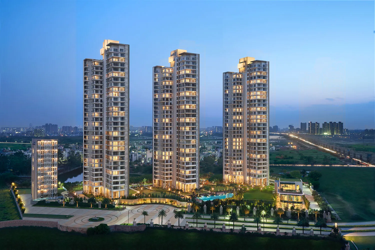 Puri Emerald Bay — three towers at dusk (real photo)