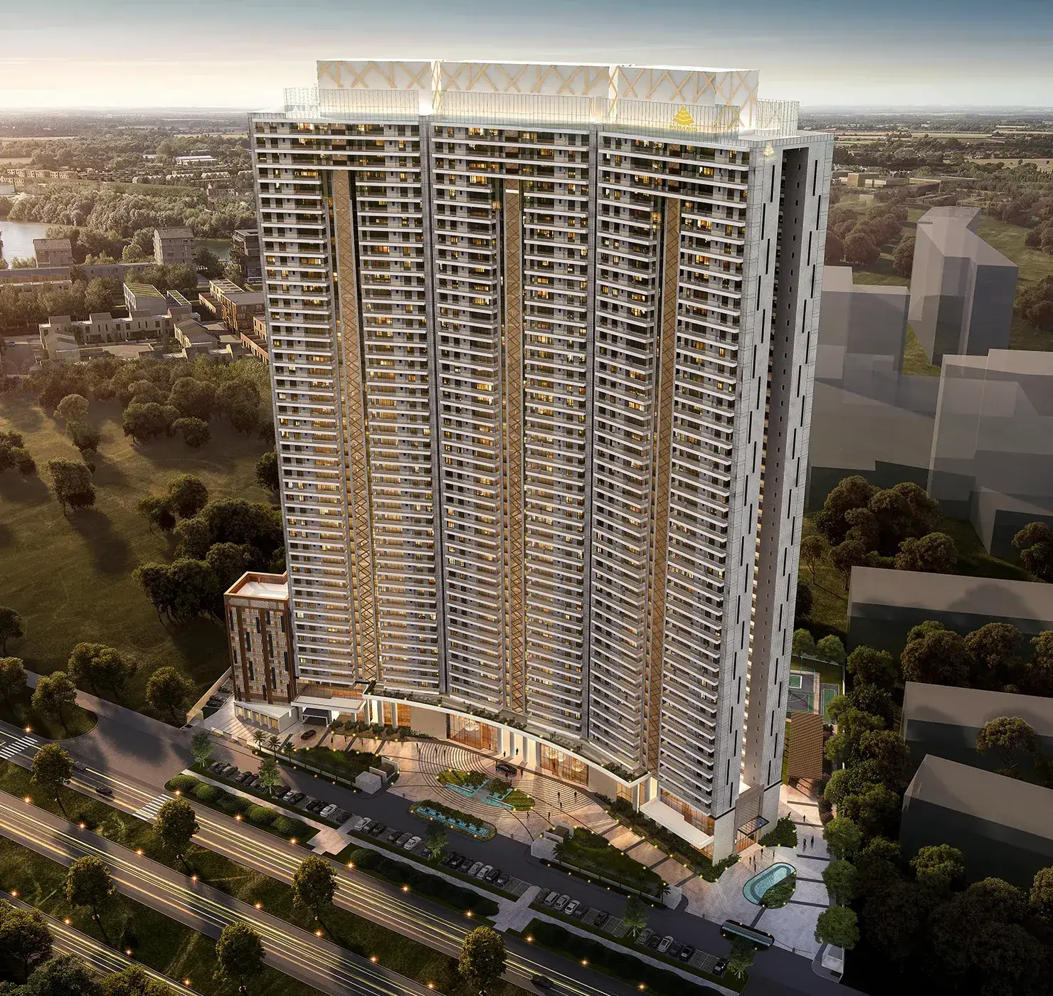 Pyramid Alban — tower aerial view with landscape (render)