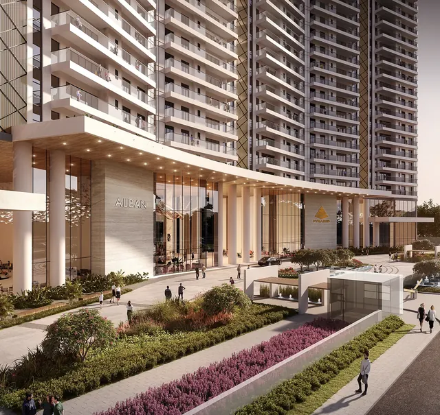 Pyramid Alban — entrance drop-off and lobby (render)