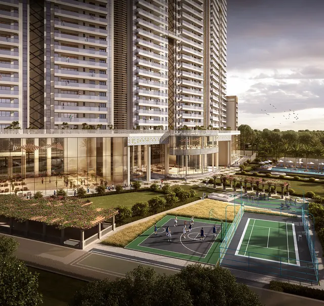 Pyramid Alban — podium sports courts and clubhouse (render)
