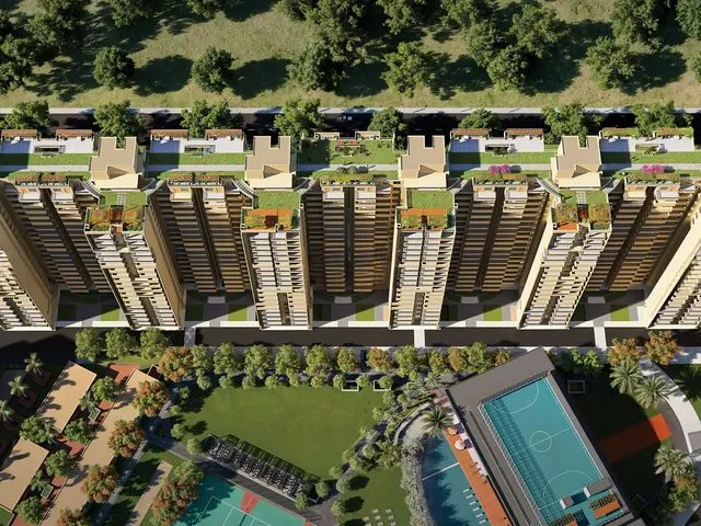 Rising Homes Altura — aerial view of towers, pool and greens (render)