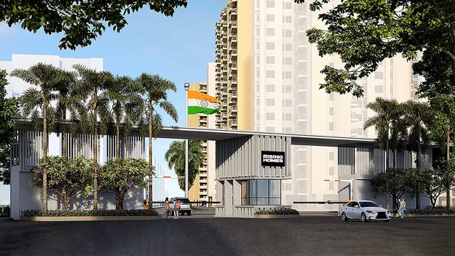 Rising Homes Altura — township entrance gate with towers (render)