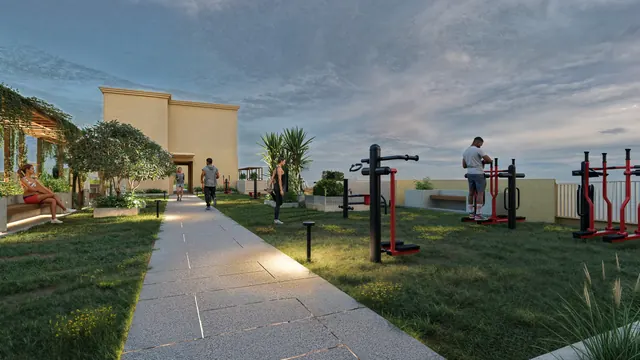 Rising Homes Altura — rooftop fitness walkway (render)