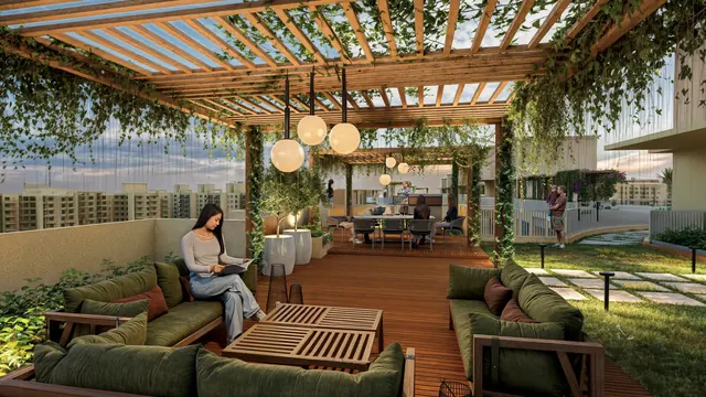 Rising Homes Altura — rooftop pergola lounge (render)