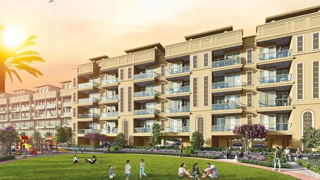 Signature Global City 92 — floors with central lawn at sunset