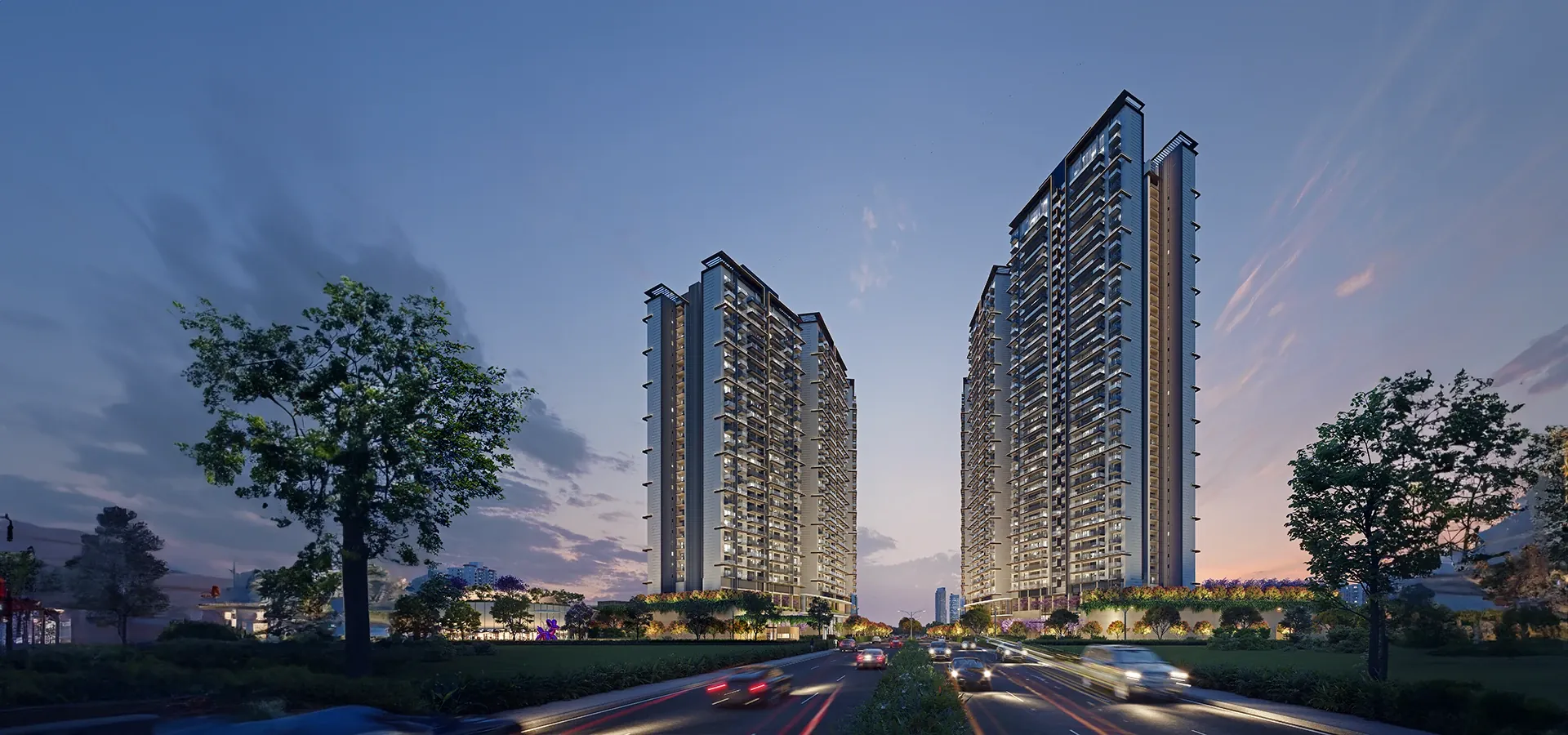 Signature Global Deluxe DXP 37D — towers at dusk from expressway