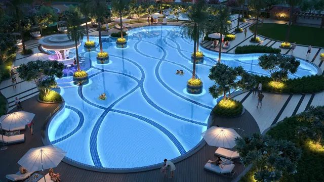 Smartworld One DXP — lagoon pool at night