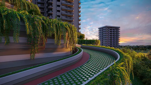 Sobha Altus — garden walkway at dusk (brochure)