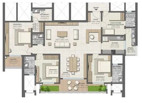 Sobha Aranya Gurgaon 3 BHK + UTILITY / STORE / DOMESTIC HELP ROOM floor plan