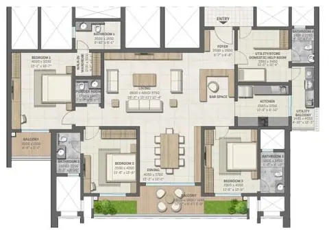 Sobha Aranya Gurgaon 3 BHK + UTILITY / STORE / DOMESTIC HELP ROOM floor plan