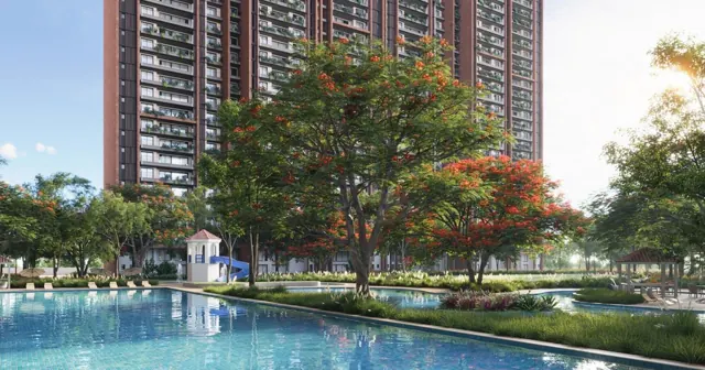 Sobha Aranya towers above the lagoon pool