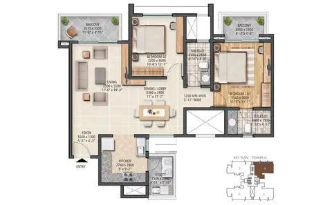 Sobha City Gurgaon 2BHK + Utility Space floor plan