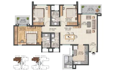 Sobha City Gurgaon 3BHK + Utility Space floor plan