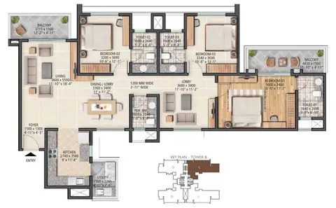 Sobha City Gurgaon 3BHK + Lounge + Utility Space floor plan