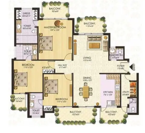 SS The Coralwood 3 BHK floor plan